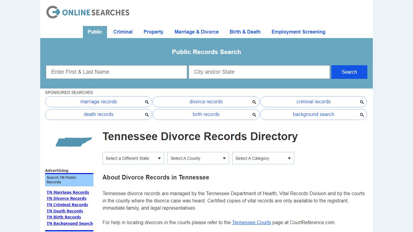 Tennessee Divorce Records Search Directory - OnlineSearches.com